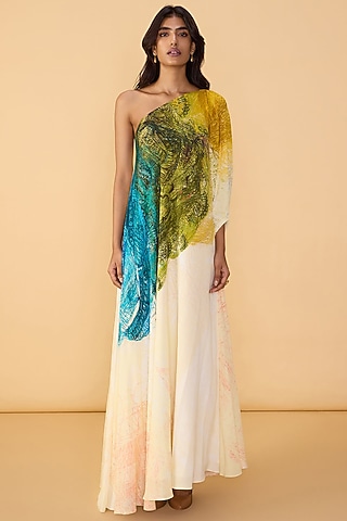 Multi-Colored Crepe Abstract Scribble Printed One-Shoulder Maxi Dress by Saaksha & Kinni