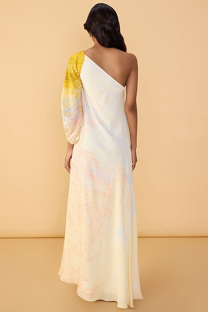 Multi-Colored Crepe Abstract Scribble Printed One-Shoulder Maxi Vacation Dress by Saaksha & Kinni at Pernia's Pop Up Shop