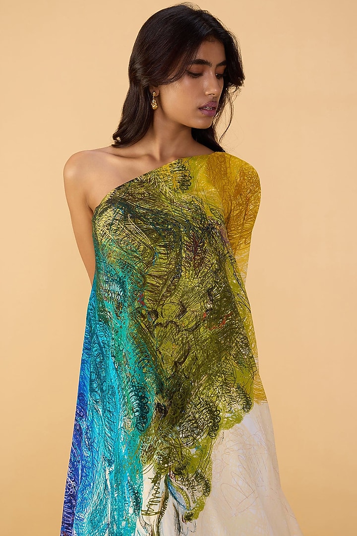 Multi-Colored Crepe Abstract Scribble Printed One-Shoulder Maxi Vacation Dress by Saaksha & Kinni at Pernia's Pop Up Shop