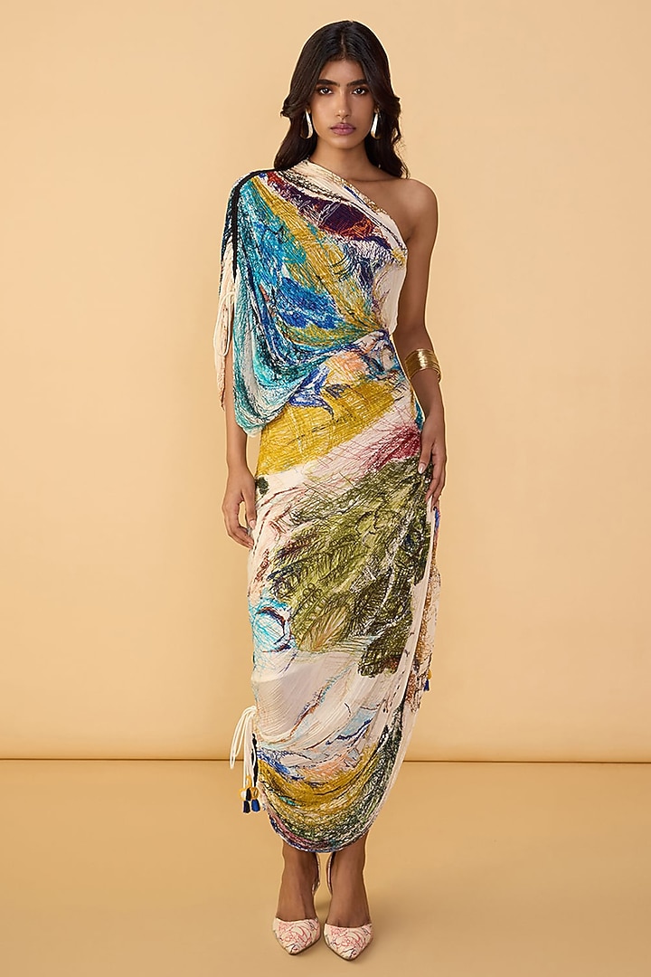 Multi-Colored Cotton Silk Abstract Floral Printed One-Shoulder Maxi Vacation Dress by Saaksha & Kinni at Pernia's Pop Up Shop