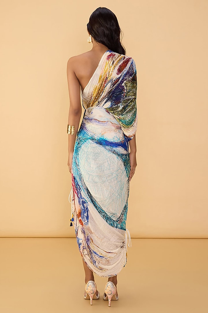 Multi-Colored Cotton Silk Abstract Floral Printed One-Shoulder Maxi Vacation Dress by Saaksha & Kinni at Pernia's Pop Up Shop