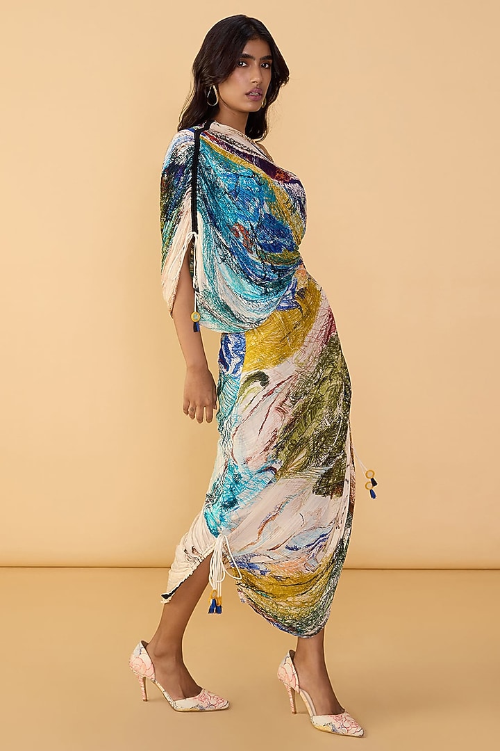 Multi-Colored Cotton Silk Abstract Floral Printed One-Shoulder Maxi Vacation Dress by Saaksha & Kinni at Pernia's Pop Up Shop