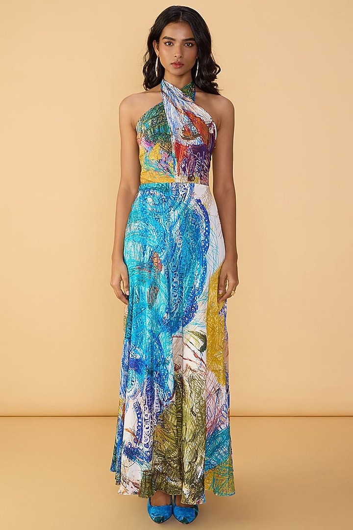 Multi-Colored Habutai Abstract Scribble Printed Maxi Vacation Dress by Saaksha & Kinni at Pernia's Pop Up Shop