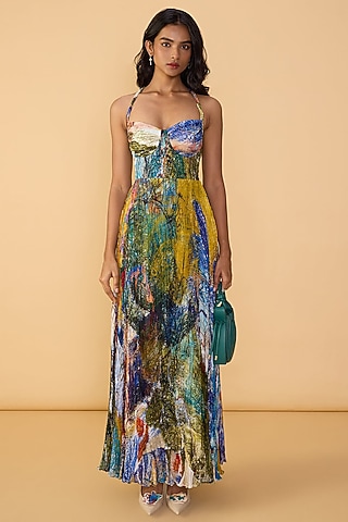 Multi-Colored Chiffon Abstract Scribble Printed Maxi Dress by Saaksha & Kinni