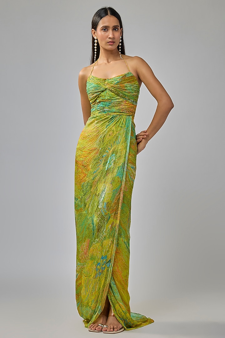 Green Chiffon Abstract Printed Maxi Vacation Dress by Saaksha & Kinni at Pernia's Pop Up Shop