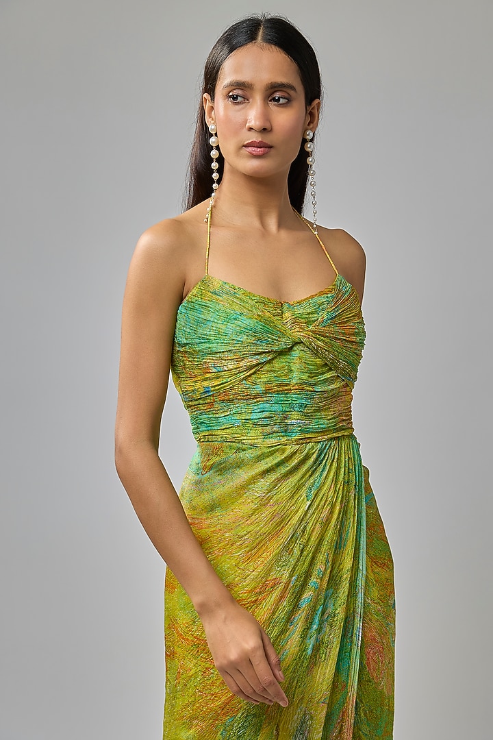 Green Chiffon Abstract Printed Maxi Vacation Dress by Saaksha & Kinni at Pernia's Pop Up Shop