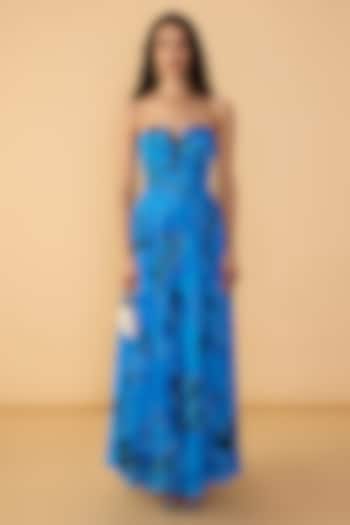 Blue Chiffon Floral Abstract Printed Sleeveless Engagement Gown by Saaksha & Kinni at Pernia's Pop Up Shop