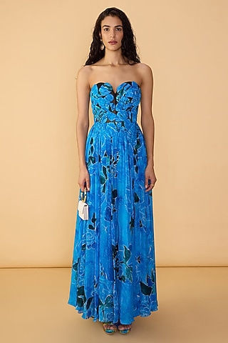 Blue Chiffon Floral Abstract Printed Sleeveless Gown by Saaksha & Kinni