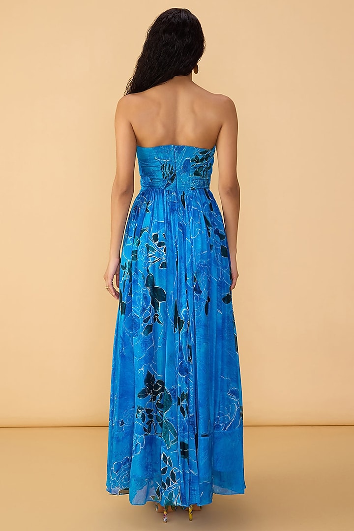 Blue Chiffon Floral Abstract Printed Sleeveless Engagement Gown by Saaksha & Kinni at Pernia's Pop Up Shop