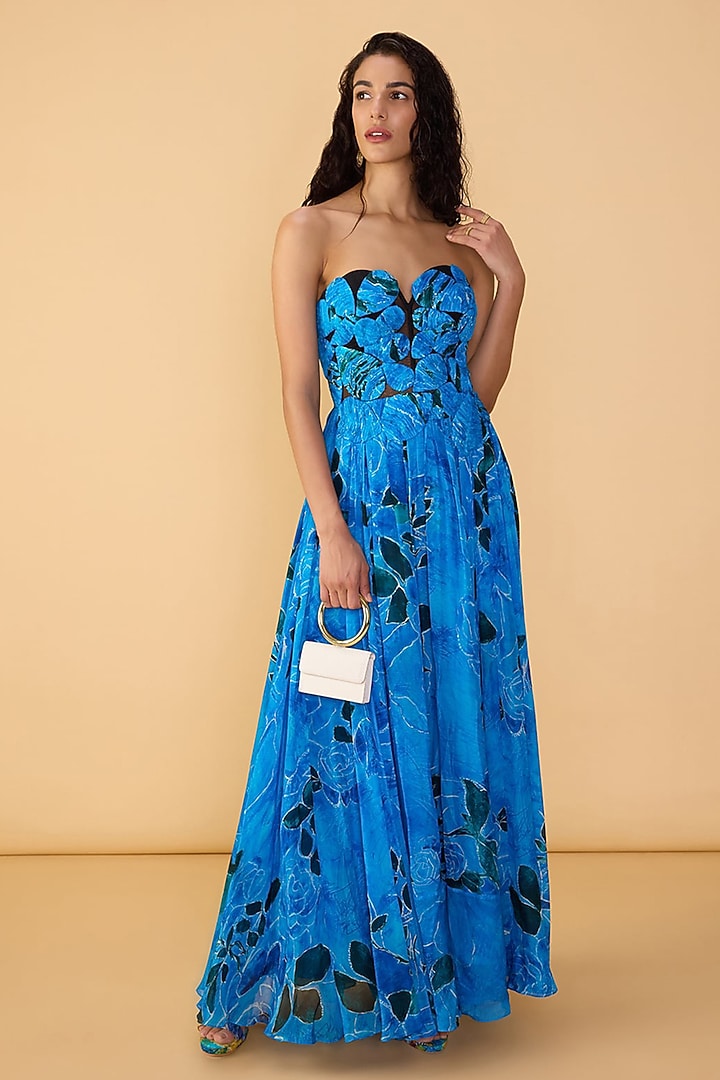 Blue Chiffon Floral Abstract Printed Sleeveless Engagement Gown by Saaksha & Kinni at Pernia's Pop Up Shop