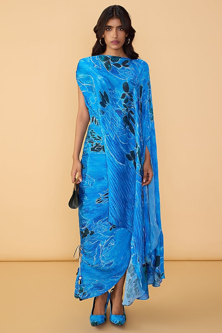 Blue Poly Florence Chiffon Floral Printed Kaftan Maxi Vacation Dress by Saaksha & Kinni at Pernia's Pop Up Shop