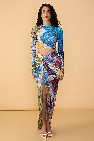 Multi-Colored Poly Florence Chiffon Abstract Printed Skirt Set by Saaksha & Kinni