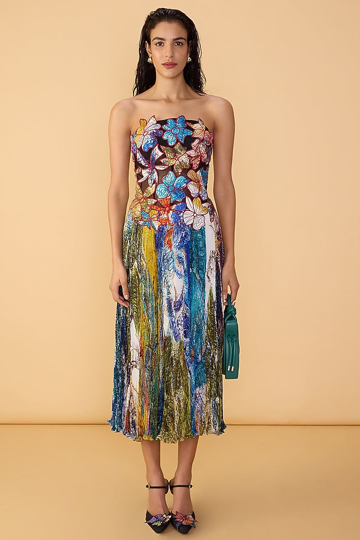Multi-Colored Chiffon Abstract Printed Strapless Maxi Cocktail Dress by Saaksha & Kinni at Pernia's Pop Up Shop