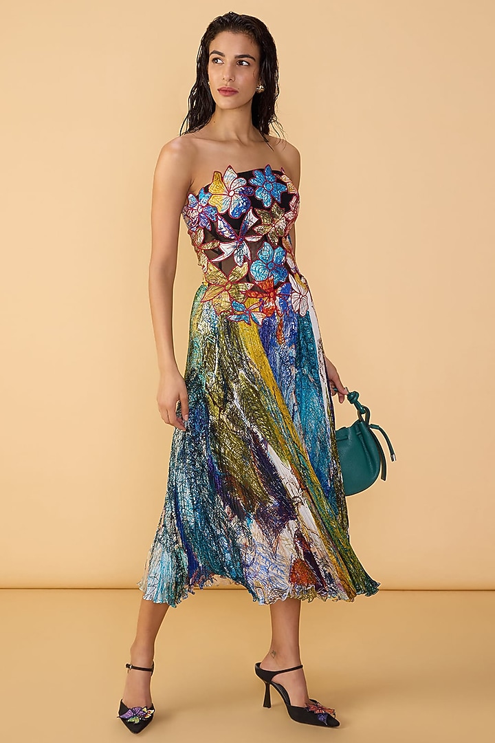 Multi-Colored Chiffon Abstract Printed Strapless Maxi Cocktail Dress by Saaksha & Kinni at Pernia's Pop Up Shop