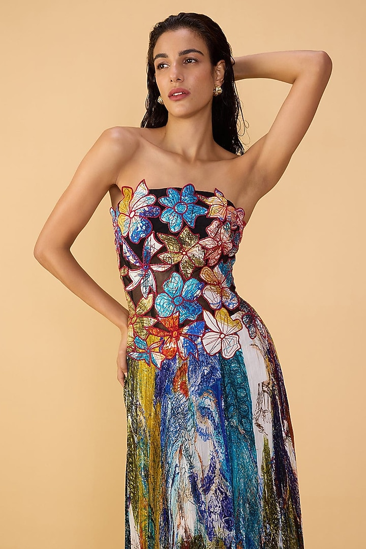 Multi-Colored Chiffon Abstract Printed Strapless Maxi Cocktail Dress by Saaksha & Kinni at Pernia's Pop Up Shop