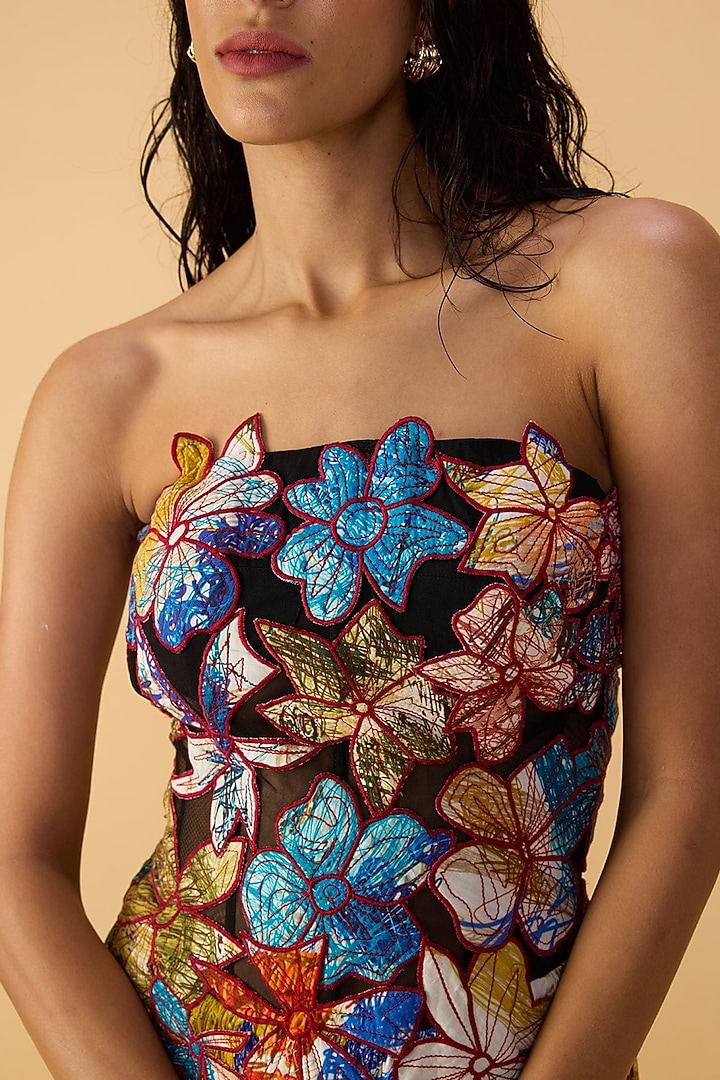 Multi-Colored Chiffon Abstract Printed Strapless Maxi Cocktail Dress by Saaksha & Kinni at Pernia's Pop Up Shop