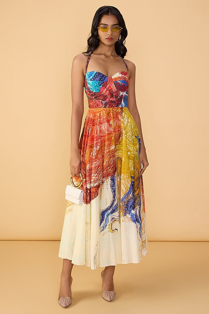 Multi-Colored Cambric Abstract Printed Midi Vacation Dress by Saaksha & Kinni at Pernia's Pop Up Shop