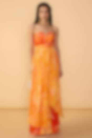 Orange Chiffon Abstract Floral Printed Strapless Maxi Cocktail Dress by Saaksha & Kinni at Pernia's Pop Up Shop