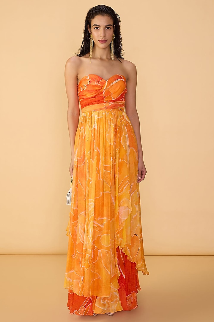 Orange Chiffon Abstract Floral Printed Strapless Maxi Cocktail Dress by Saaksha & Kinni at Pernia's Pop Up Shop