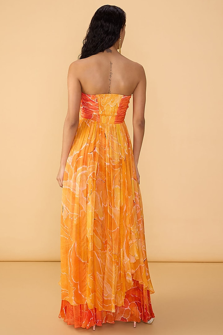 Orange Chiffon Abstract Floral Printed Strapless Maxi Cocktail Dress by Saaksha & Kinni at Pernia's Pop Up Shop