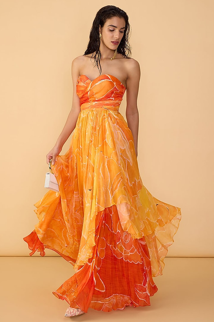 Orange Chiffon Abstract Floral Printed Strapless Maxi Cocktail Dress by Saaksha & Kinni at Pernia's Pop Up Shop