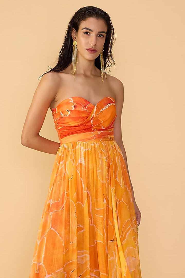 Orange Chiffon Abstract Floral Printed Strapless Maxi Cocktail Dress by Saaksha & Kinni at Pernia's Pop Up Shop