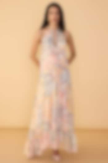 Multi-Colored Chiffon Abstract Printed Halter Maxi Cocktail Dress by Saaksha & Kinni at Pernia's Pop Up Shop