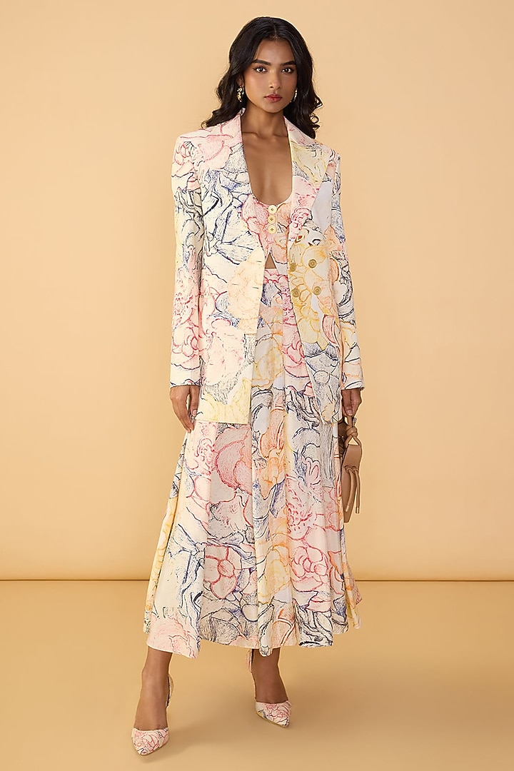 Multi-Colored Crepe Abstract Floral Printed Blazer Set by Saaksha & Kinni at Pernia's Pop Up Shop
