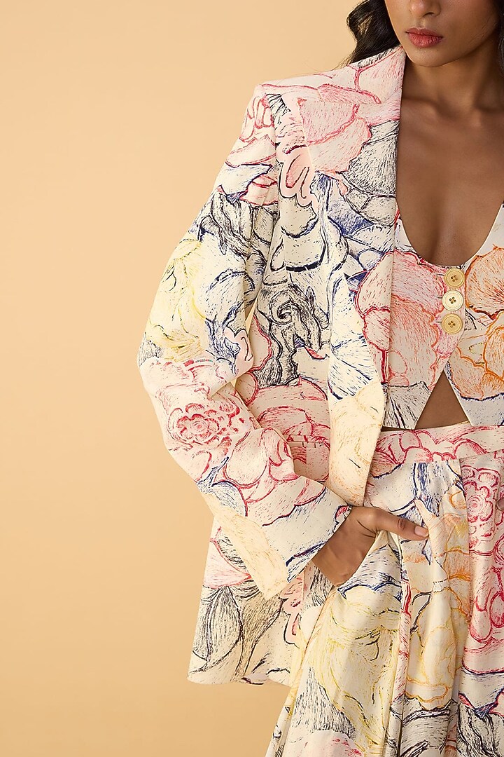 Multi-Colored Crepe Abstract Floral Printed Blazer Set by Saaksha & Kinni at Pernia's Pop Up Shop