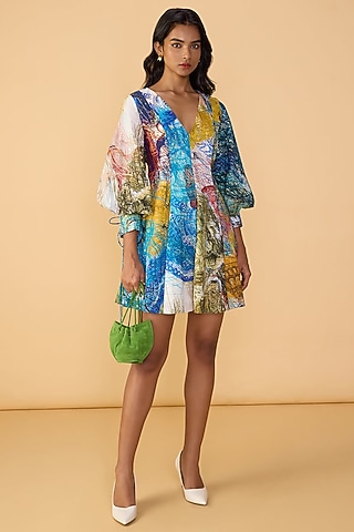 Multi-Colored Cambric Abstract Printed Mini Dress by Saaksha & Kinni