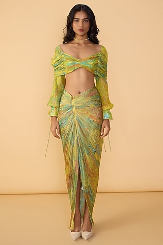 Multi-Colored Poly Florence Chiffon Abstract Printed Skirt Set by Saaksha & Kinni