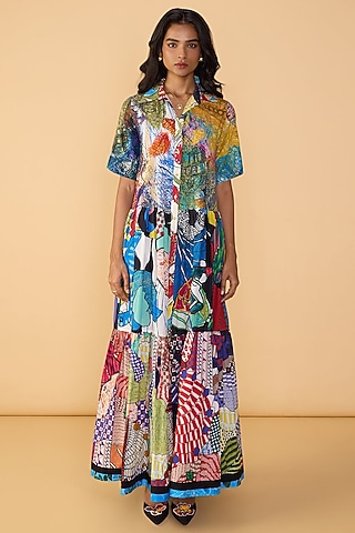 Multi-Colored Cambric Abstract Printed Maxi Shirt Dress by Saaksha & Kinni