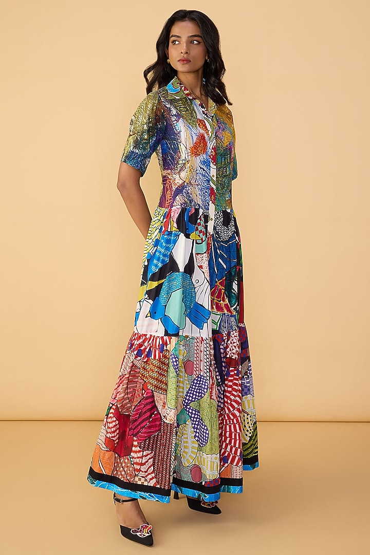 Multi-Colored Cambric Abstract Printed Maxi Shirt Vacation Dress by Saaksha & Kinni at Pernia's Pop Up Shop