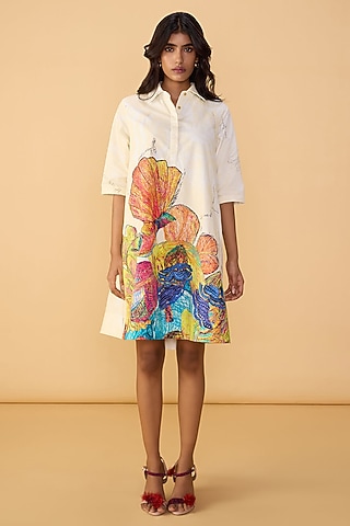 Ivory Poplin Abstract Printed Shirt Dress by Saaksha & Kinni