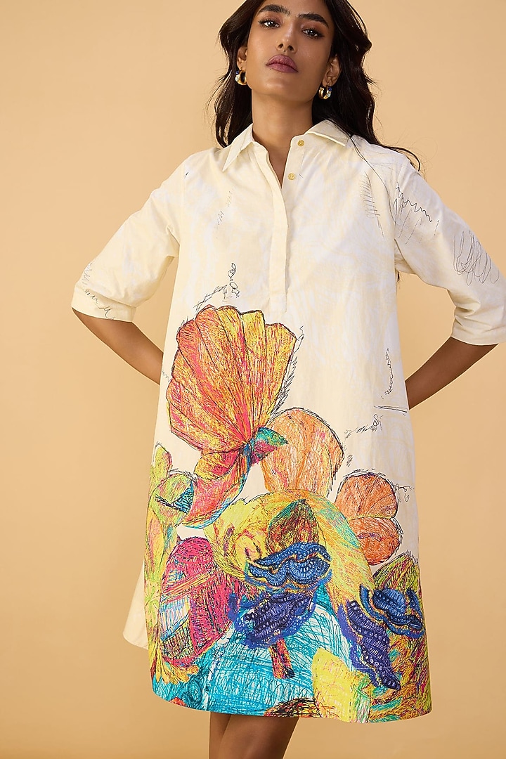 Ivory Poplin Abstract Printed Shirt Vacation Dress by Saaksha & Kinni at Pernia's Pop Up Shop