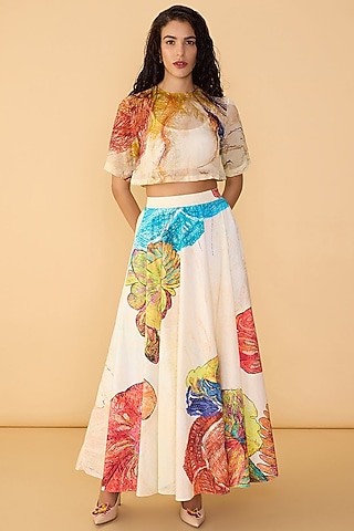 Multi-Colored Poplin Abstract Printed Maxi Skirt Set by Saaksha & Kinni