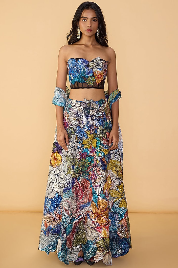 Multi-Colored Chiffon Floral Cutwork Hand Embroidered Wedding Lehenga Set by Saaksha & Kinni at Pernia's Pop Up Shop