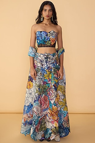 Multi-Colored Chiffon Floral Cutwork Hand Embroidered Lehenga Set by Saaksha & Kinni