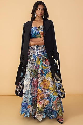 Multi-Colored Crepe Floral Cutwork Hand Embroidered Lehenga Set by Saaksha & Kinni