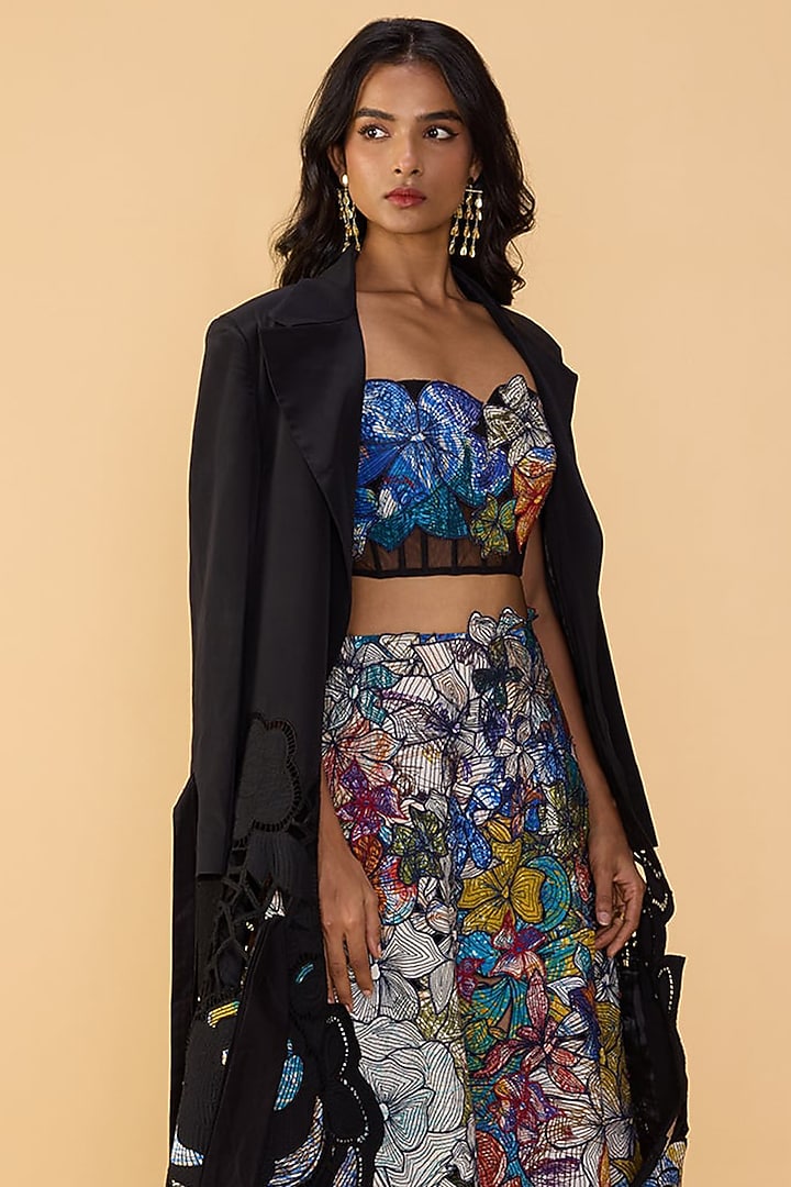 Multi-Colored Crepe Floral Cutwork Hand Embroidered Bridal Lehenga Set by Saaksha & Kinni at Pernia's Pop Up Shop
