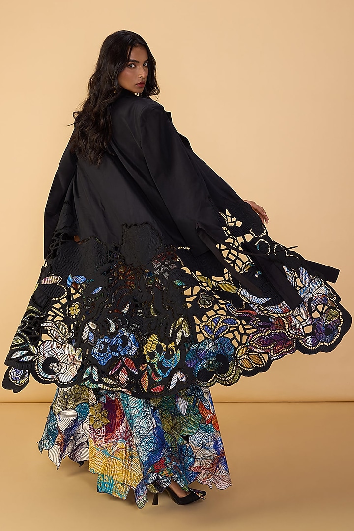 Multi-Colored Crepe Floral Cutwork Hand Embroidered Bridal Lehenga Set by Saaksha & Kinni at Pernia's Pop Up Shop