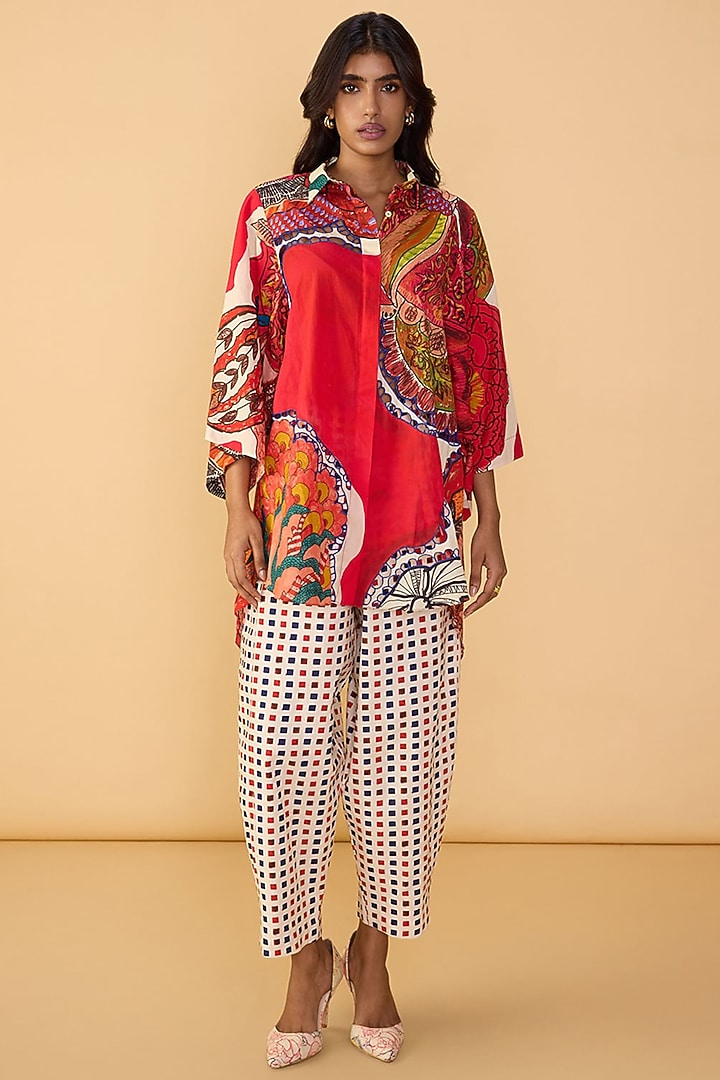 Raspberry Red Cambric Abstract Printed Tunic Set by Saaksha & Kinni at Pernia's Pop Up Shop