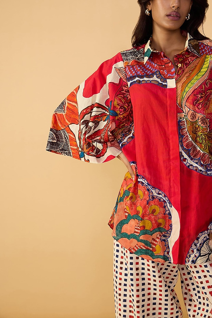 Raspberry Red Cambric Abstract Printed Tunic Set by Saaksha & Kinni at Pernia's Pop Up Shop
