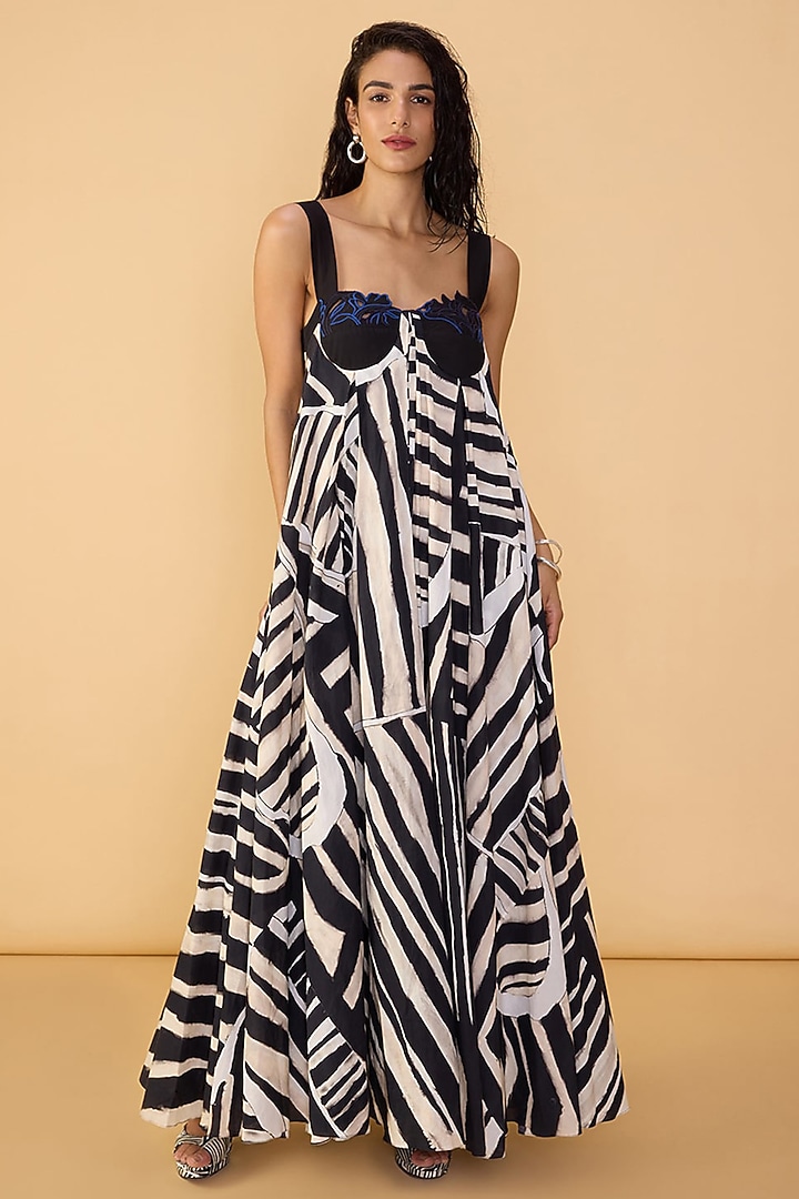 Black & White Cambric Abstract Stripe Printed Maxi Vacation Dress by Saaksha & Kinni at Pernia's Pop Up Shop