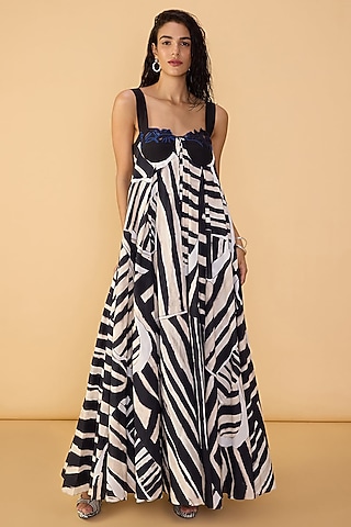 Black & White Cambric Abstract Stripe Printed Maxi Dress by Saaksha & Kinni