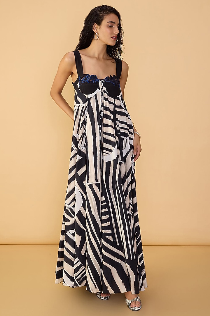Black & White Cambric Abstract Stripe Printed Maxi Vacation Dress by Saaksha & Kinni at Pernia's Pop Up Shop