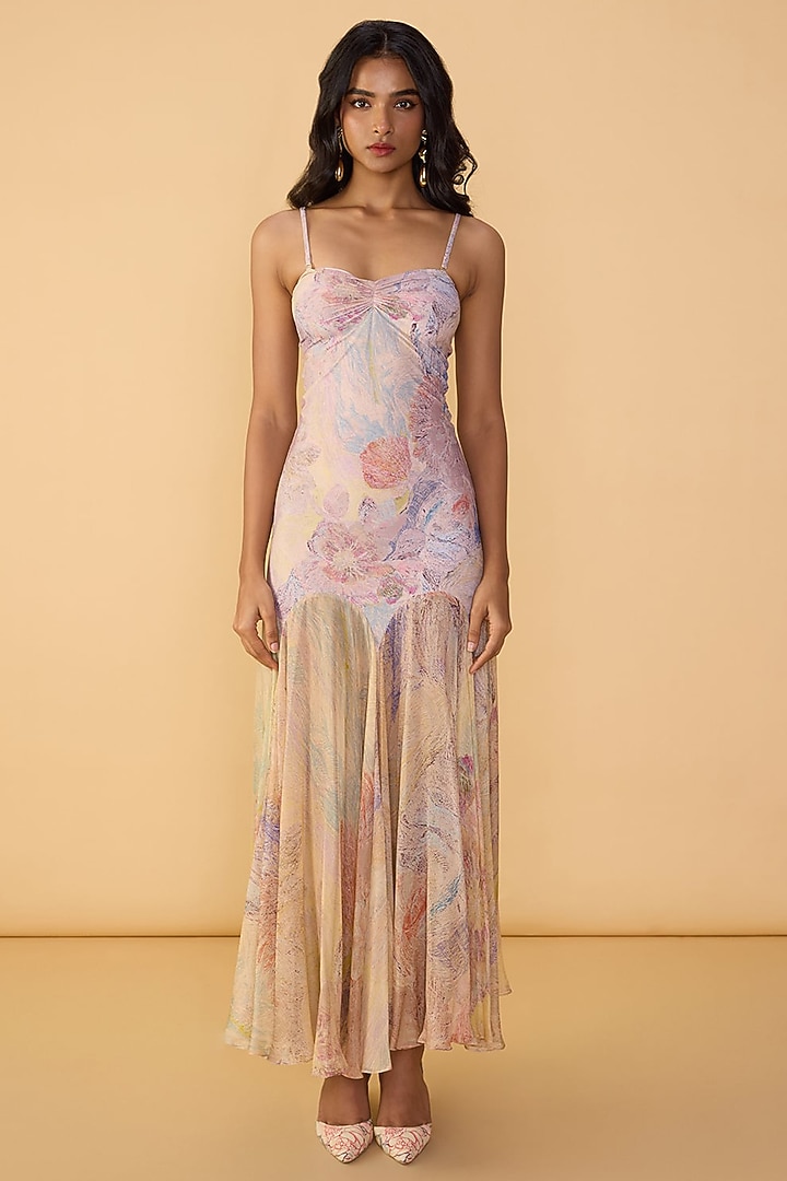 Multi-Colored Chiffon Abstract Floral Printed Maxi Vacation Dress by Saaksha & Kinni at Pernia's Pop Up Shop