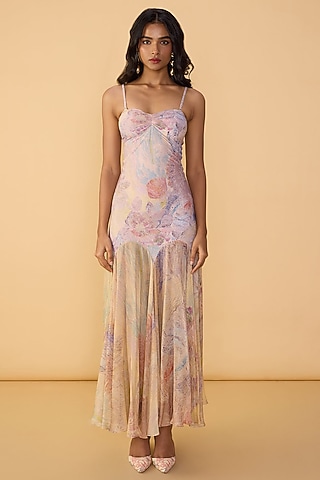 Multi-Colored Chiffon Abstract Floral Printed Maxi Dress by Saaksha & Kinni
