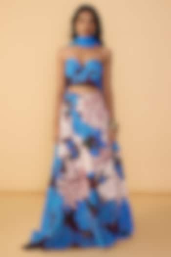 Blue & White Crepe Floral & Applique Embroidered Wedding Lehenga Set by Saaksha & Kinni at Pernia's Pop Up Shop