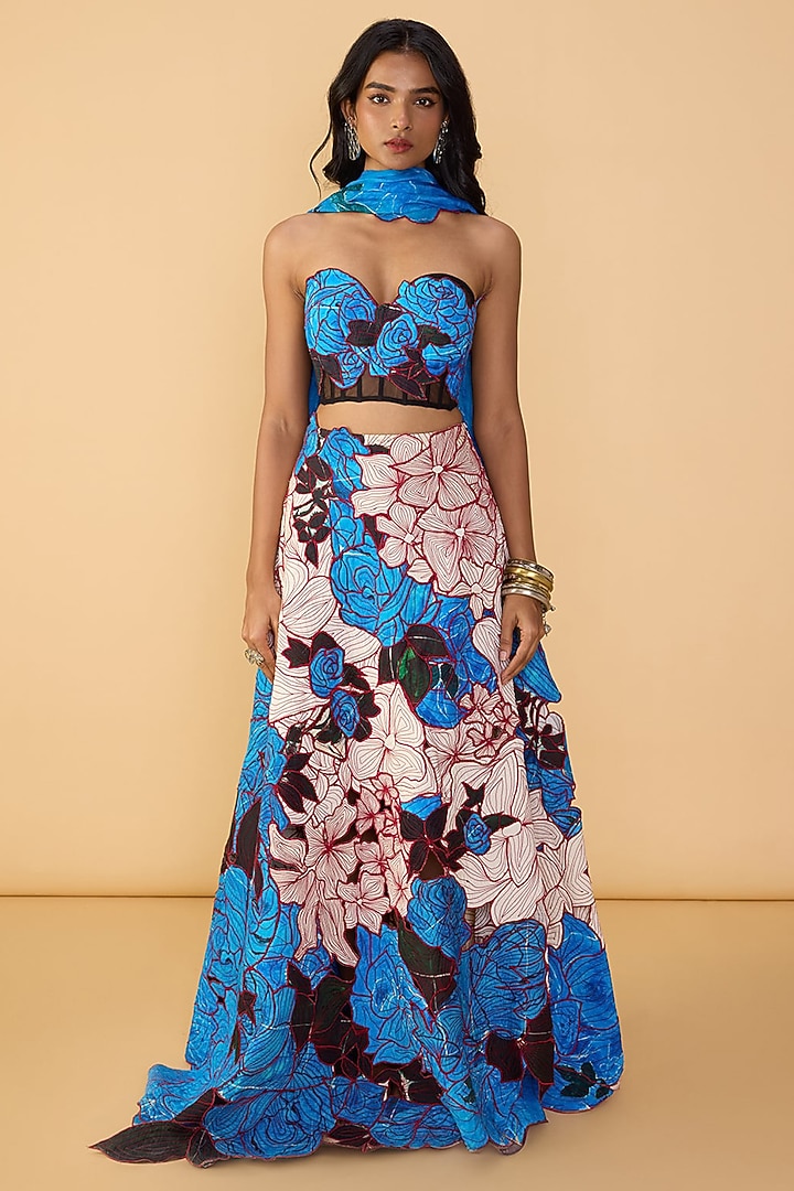 Blue & White Crepe Floral & Applique Embroidered Wedding Lehenga Set by Saaksha & Kinni at Pernia's Pop Up Shop